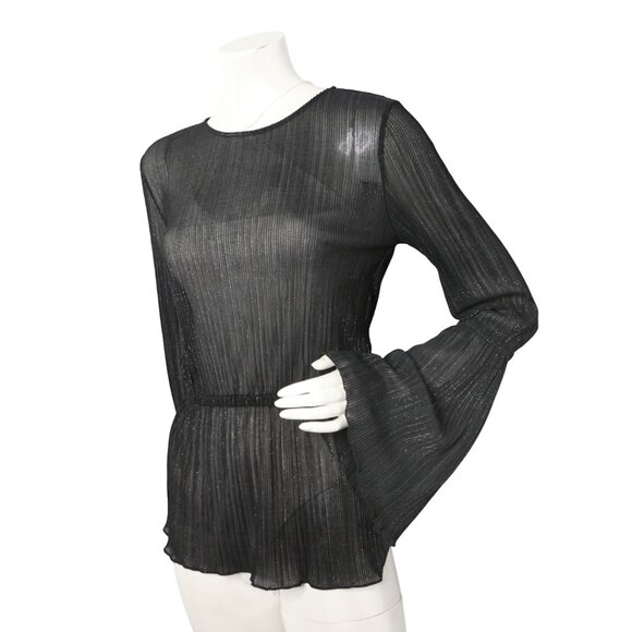 Michael Kors Black Sheer Bell Sleeve Blouse Pleated Top Metallic Thread Elastic - Picture 4 of 13
